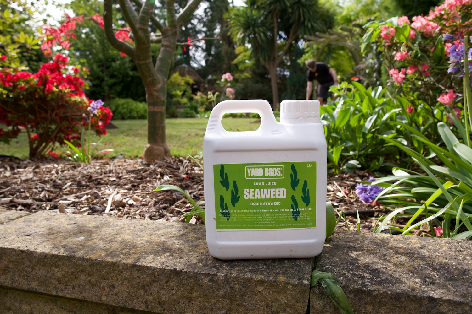 Yard Bros Seaweed bottle on healthy lawn