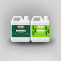Two bottles of Yard Bros lawn care products on a gray background