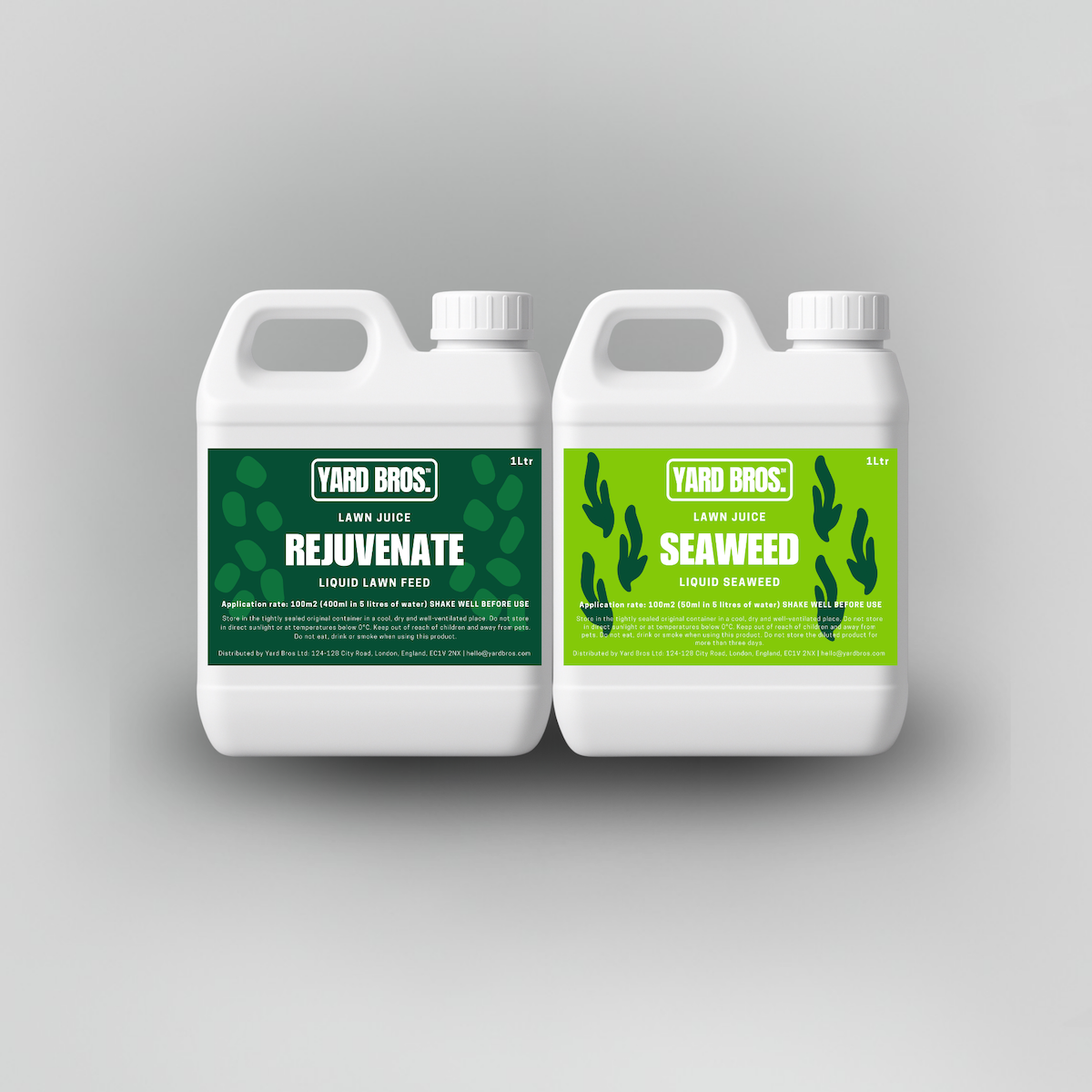 Two bottles of Yard Bros lawn care products on a gray background
