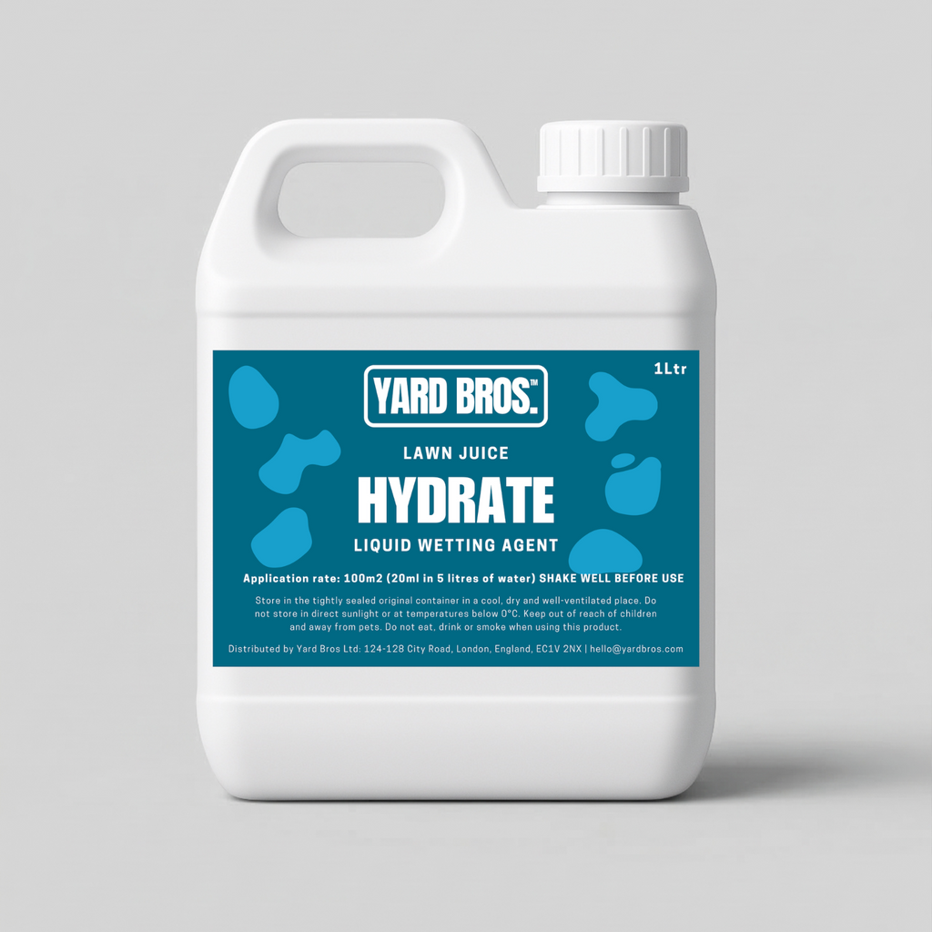 Yard Bros Lawn Juice Hydrate liquid wetting agent container on a gray background