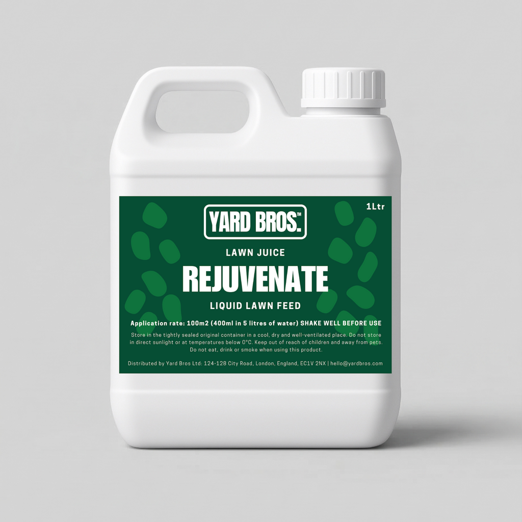 Yard Bros Lawn Juice Rejuvenate liquid lawn feed container on a gray background