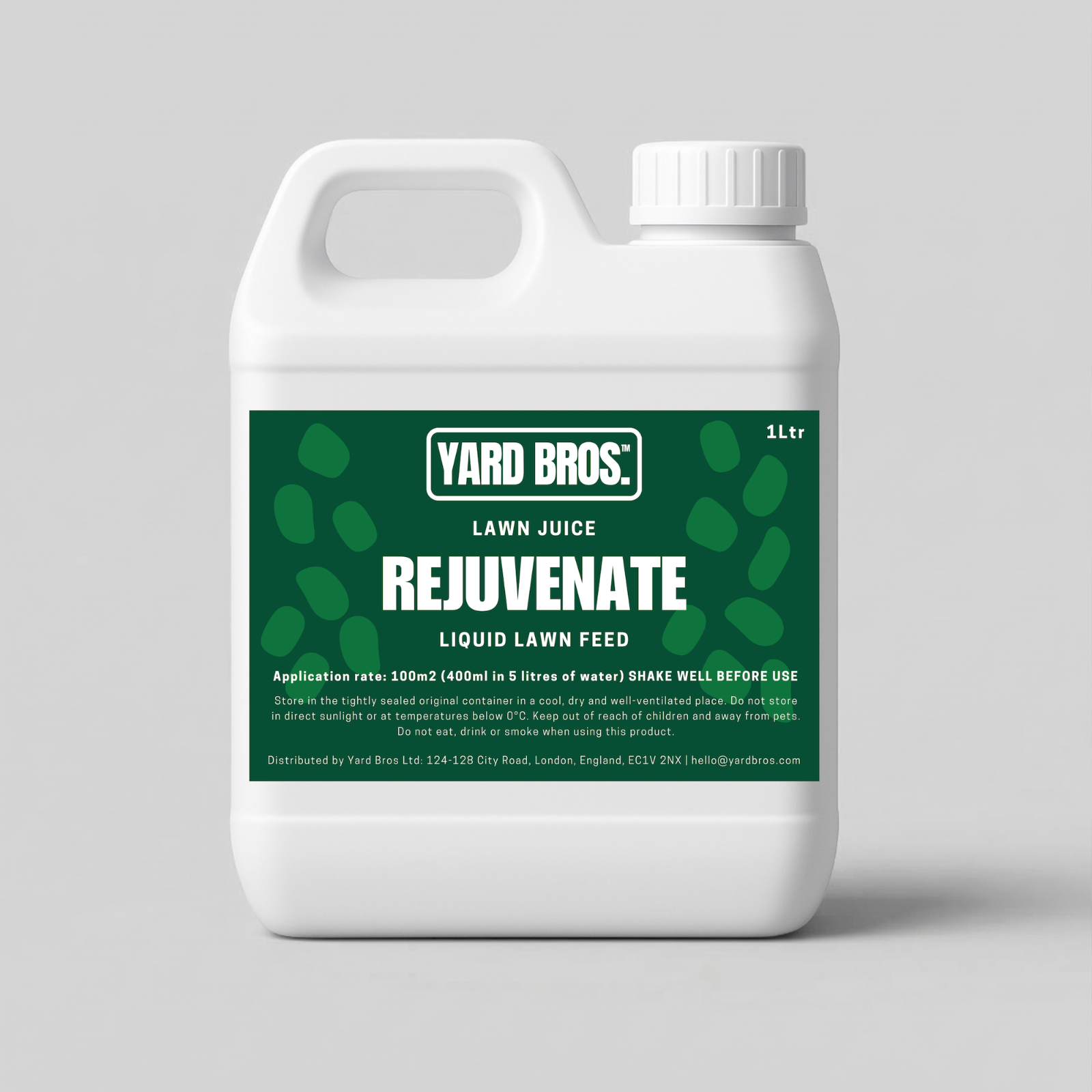 Yard Bros Lawn Juice Rejuvenate liquid lawn feed container on a gray background