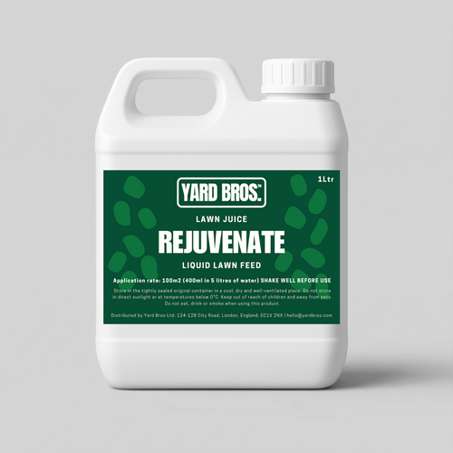 Yard Bros Lawn Juice Rejuvenate liquid lawn feed container on a gray background