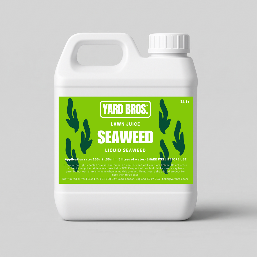 Yard Bros Seaweed Liquid Fertilizer container on a gray background