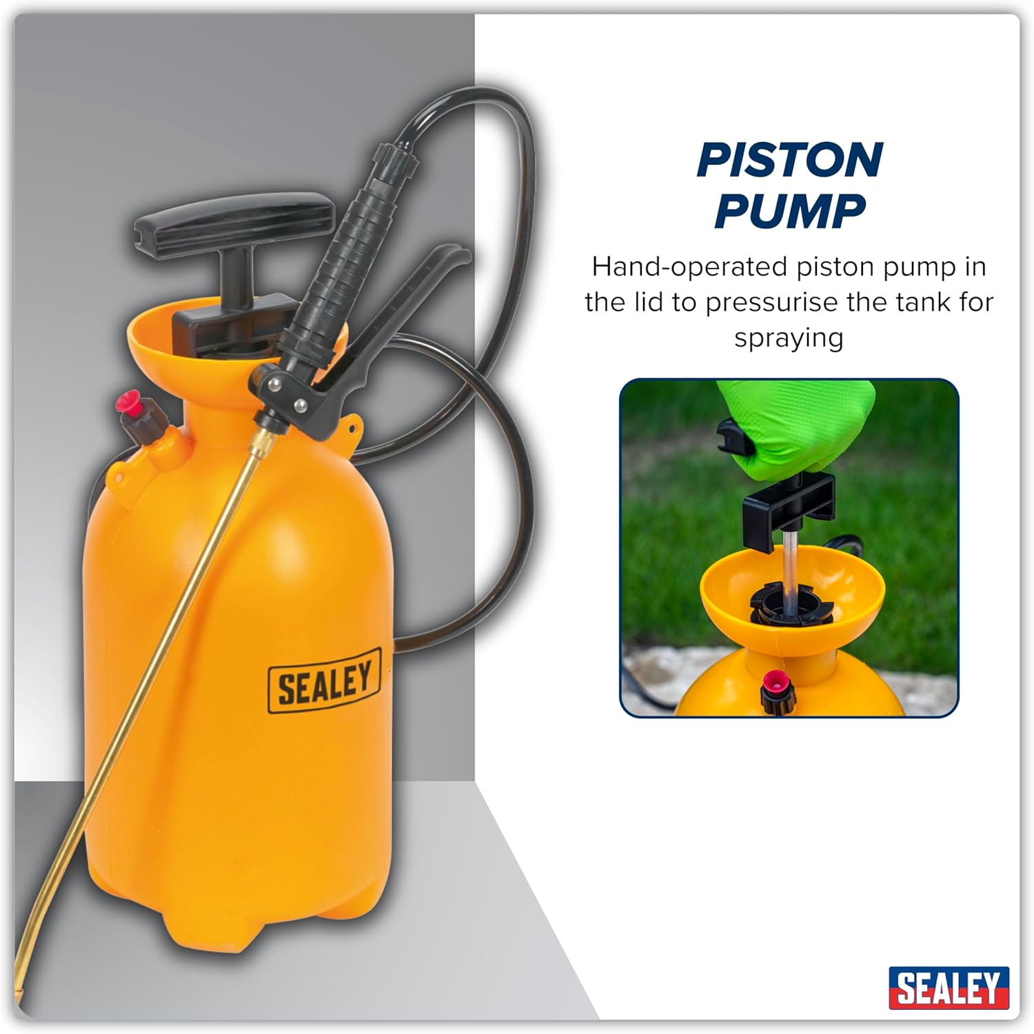 Yellow Sealey piston pump with a close-up inset showing its operation.