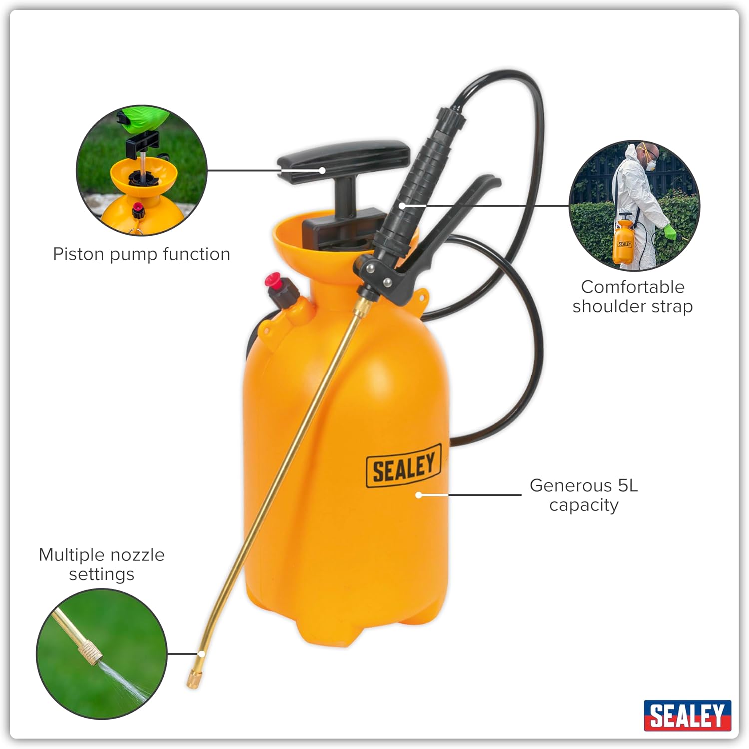 Yellow Sealey spray pump with features highlighted on a white background